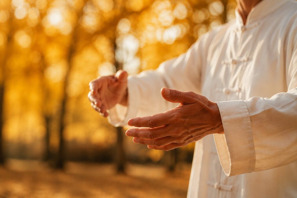 Nahaufnahme der Handhaltung bei einer Qi-Gong-Übung, im Hintergrund herbstliche Bäume
