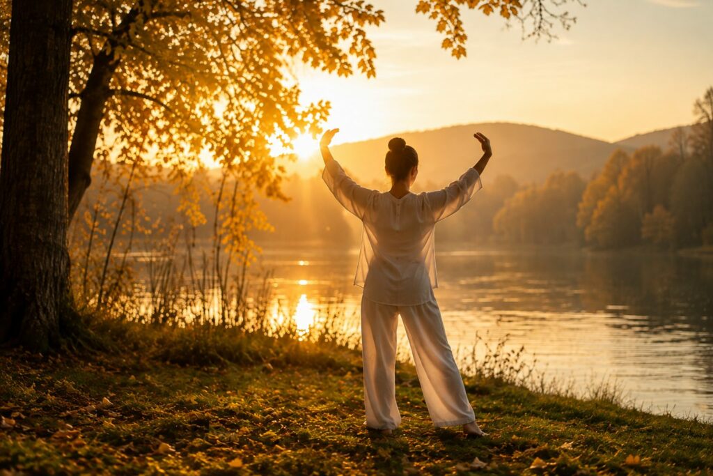 Frau bei einer Qi-Gong-Übung am See im Licht des Sonnenaufgangs im Herbst